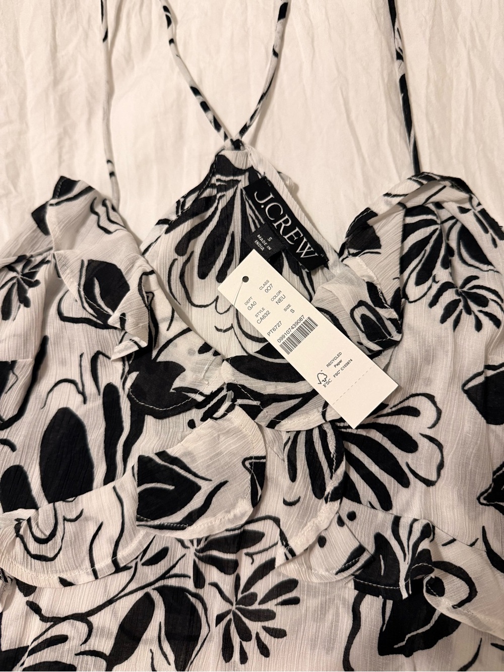 J. Crew Black & White Floral Ruffle Cami Top